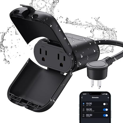 ELEGRP PQR20 Outdoor Smart Plug Waterproof IP66, WiFi Plug with 2 Individually Sockets, Compatible with Alexa & Google Assistant, Smart Outdoor Outlet for String Lights, UL Certified, 1 Pack, Black