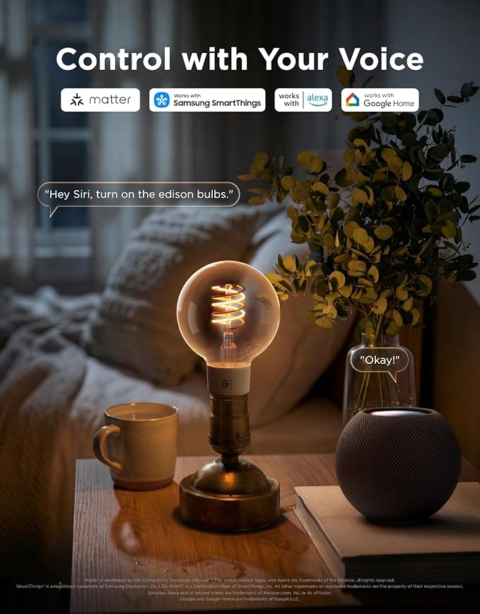 Govee Edison Bulbs, Smart Vintage Light Bulbs, RGBWW Color Changing G25 Vanity Light Bulb, Compatible with Matter, Alexa & Google Assistant, LED Filament Bulb for Living Room Kitchen E26 Base 4 Pack