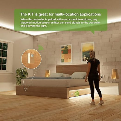 RAYZEEK Wireless Motion Sensor Controller Kit-No Wiring Mini PIR Sensor Switch 12/24VDC RF Wireless Control Led Strip Lights with Dimmable,Timer for Stairway(1 ×Controller+2 ×Motion Sensor)