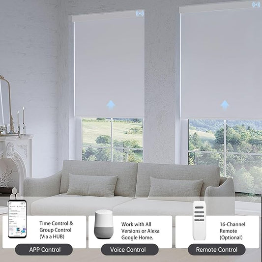Motorized Blinds with Remote, Blackout Smart Blinds for Windows Automatic Roller Shades Compatible with Alexa, Motorized Shades Customized for Bedroom Home Office (Blackout-Pure White)