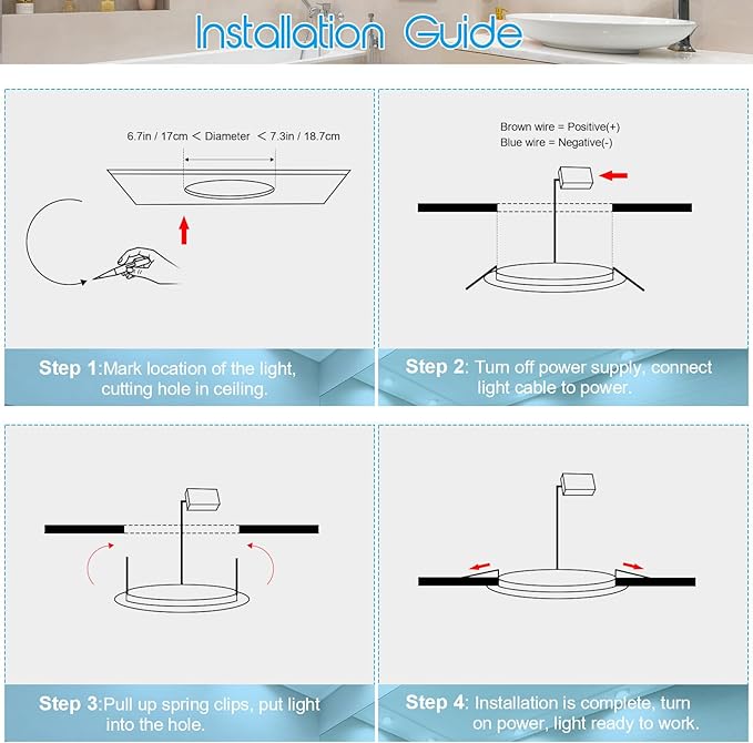 ESBAYBULBS 7" Ultra-Thin LED Recessed Ceiling Light with Junction Box, 6000K Cool White 18W LED Panel Can Light 1500LM High Brightness Easy Installation (6 Pack)