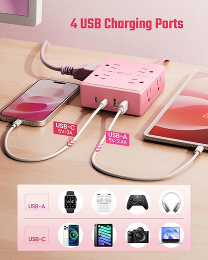 Pink Extension Cord 10Ft, Flat Plug Surge Protector Power Strip, 8 Outlets & 4 USB Ports (2 USB C), Cute Stuff Pink Room Decor, Home Office Kawaii Desk Accessories for Girls