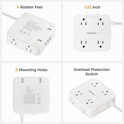 TESSAN Surge Protector Power Strip, 10 Ft Flat Plug Extension Cord with 3 USB (1 USB C) 8 Outlets, 1250W, 900J Protection, 3 Sided Outlet Extender with Power Switch for Office, Dorm Room, White