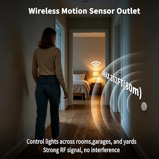 NineLeaf Wireless Motion Sensor Outlet, 15A/1500W, Adjustable Sensing Mode, 260FT Wireless Light Switch Transmitter, No Wiring, Long Time Delay, for Lights, Bathroom Fan, Garage(1Sensor 6Plugs)