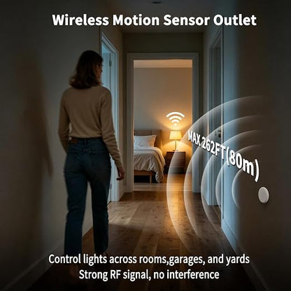 NineLeaf Wireless Motion Sensor Outlet, 15A/1500W, Adjustable Sensing Mode, 260FT Wireless Light Switch Transmitter, No Wiring, Long Time Delay, for Lights, Bathroom Fan, Garage(1Sensor 5Plugs)