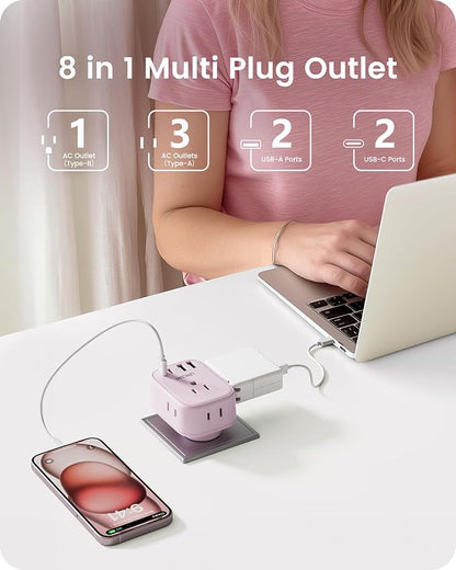 LENCENT Multi Plug Outlet Extender with USB C, Electrical Outlet Expander | with 4 AC & 4 USB Charger Cube, Small Multiple Wall Tap Plug Splitter for Home Office Travel Dorm Essentials - Pink