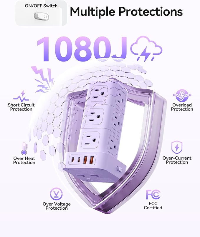 ORICO Power Strip Tower with Multiple Outlets, Tower Extension Cord with 12 AC Outlets 4 USB Ports (2 USB C), Space Saving Design, 5FT Cord Power Tower for Home, Office, Dorm - TPP20