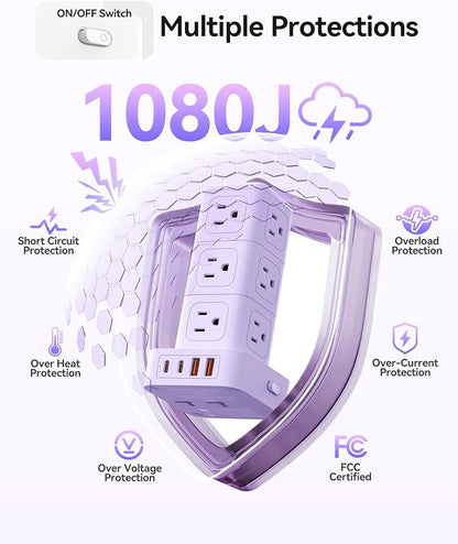 ORICO Power Strip Tower with Multiple Outlets, Tower Extension Cord with 12 AC Outlets 4 USB Ports (2 USB C), Space Saving Design, 5FT Cord Power Tower for Home, Office, Dorm - TPP20