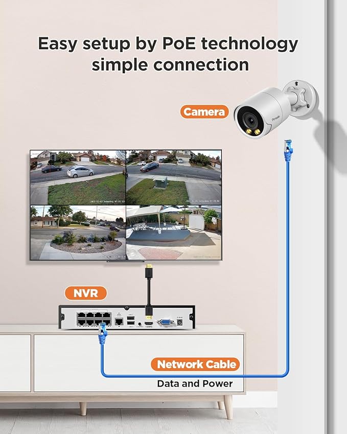 PoE Security Camera System, 4X 5MP Wired Home Bullet IP Cameras Built-in microphone, Human Vehicle Detection, Smart Color Night Vision, 8 Channel 4K NVR 2TB HDD for 24/7 Recording, PB38F0408-5M