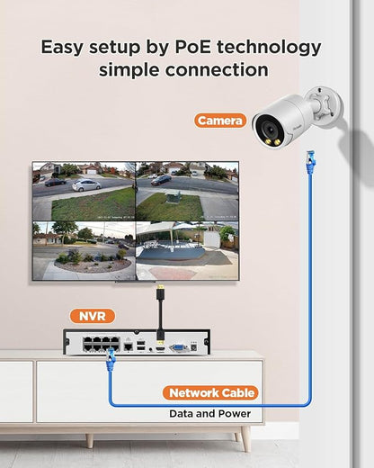 PoE Security Camera System 4K, 4X 8MP Wired Home Bullet IP Cameras Built-in microphone, Human Vehicle Detection, Smart Color Night Vision, 4K 8 Channel NVR 2TB HDD, 24/7 Recording, PB38F0408-8M