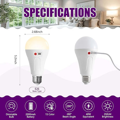 4 Packs E26 Rechargeable Light Bulbs with Remote, A21 Wireless 2000mAh Battery Operated LED Light Bulbs for Lamp, 3 Color Temperatures Dimmable Color Changing Bulb for Outdoor Use