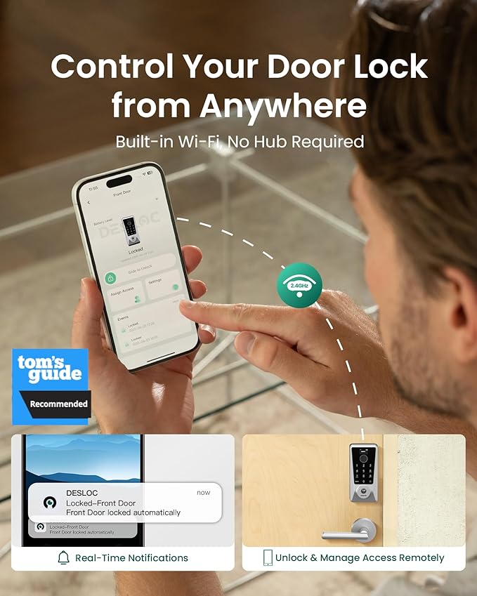DESLOC D110 Plus Built-in Wi-Fi Smart Lock with 2 Lever Handles, Fingerprint Keyless Entry Door Lock Set, Touchscreen Keypad Deadbolt with Backlit, Remote Control, BHMA 3, IP54 Waterproof, Auto Lock