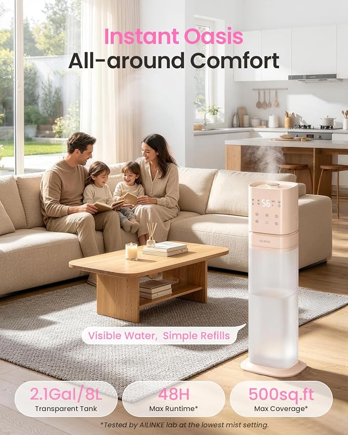 Humidifiers for Bedroom 2.1Gal/8L, Smart Humidifier for Large Room, Cool Mist Humidifiers for Home Kids Baby Plants, Top Fill Humidifier with Extension Tube, WIFI APP & Voice Control, Pink