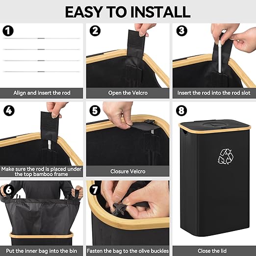 Recycling Bin for Kitchen, 26 Gallon 100L Indoor Home Recycle Bin with Lid and 2 Removeable Reusable Inner Bags, for Bottles, Cans, Glass, Plastic & Stickers, Black