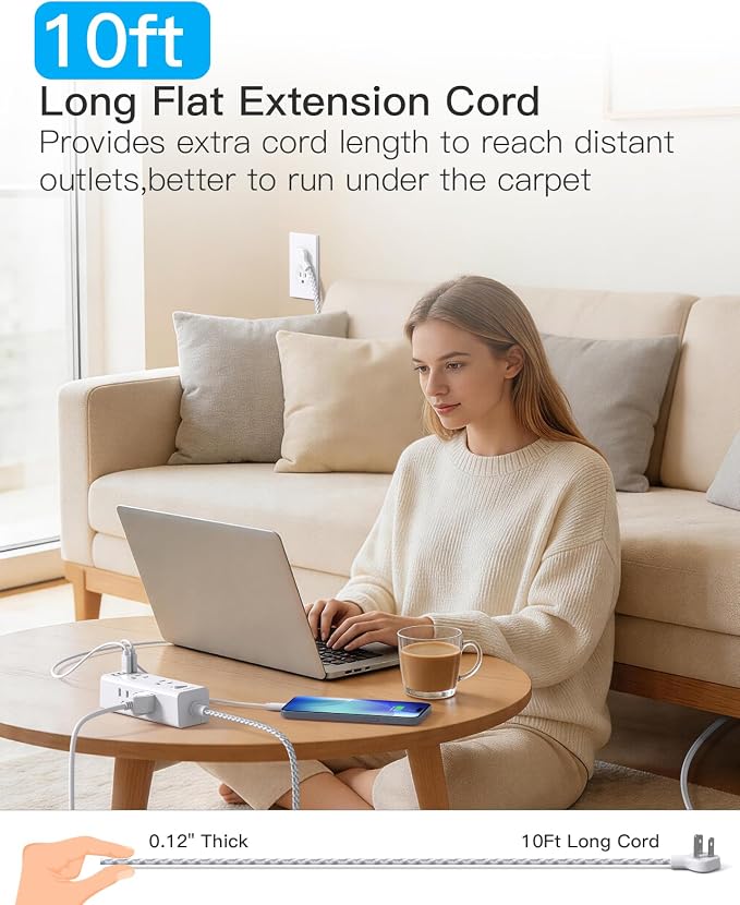 Flat Plug Extension Cord 10Ft, One Beat Surge Protector Power Strip 10 Ft Cord with 6 Widely Outlets 4 USB Ports (2 USB C), 3 Way Wall Outlet Extender Extension Cord for Home Office College Dorm Room