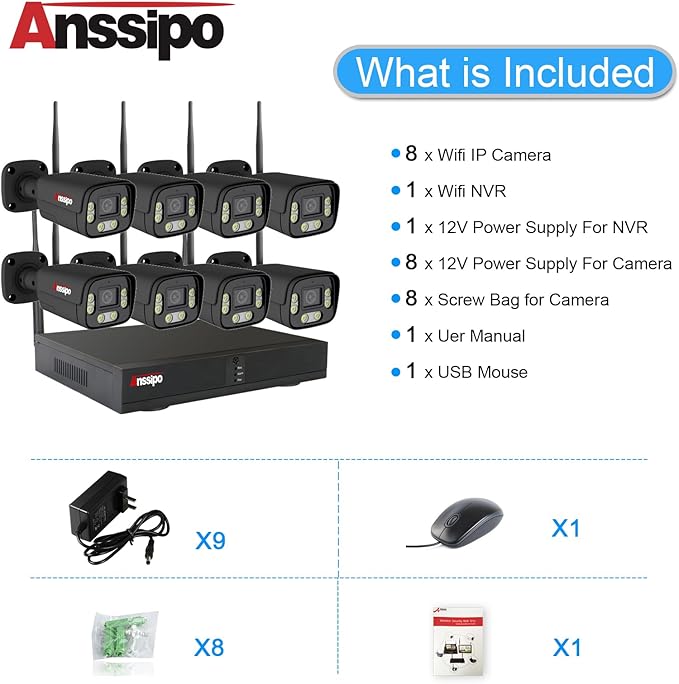 8 Channel WiFi Security Camera System, 8X 3MP Plug-in Wired Outdoor Indoor Cameras, H.265 NVR Camera System with 2-Way Audio, Face/Motion Detection, Color Night Vision, Dual Alarms, Smart Playback