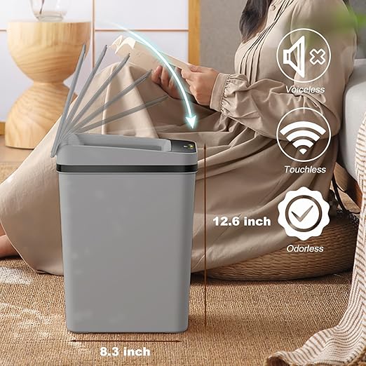 Yatmung 3 Pack - Small Trash Can with Lid for Bathroom 2.5 Gallon Automatic Trash Cans Touchless - Bedroom, Kitchen, Office - Slim Smart Garbage Can - Motion Sensor Trash can Bathroom (Grey)