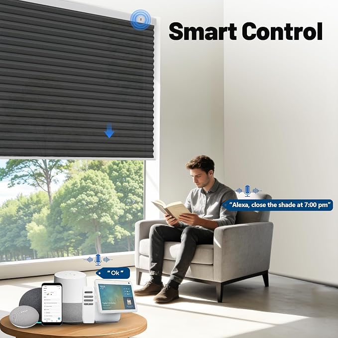 Motorized Cellular Shades with Remote, Smart Cellular Shades Compatible with Apple HomeKit, Alexa & Google Home, Honeycomb Window Blinds for Indoor Windows, Light Filtering Onyx Black