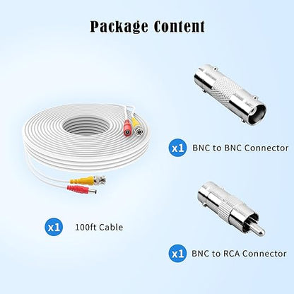 1 Pack 25ft White BNC Video Power Cable Security Camera Cable Wire Cord for CCTV DVR Surveillance System with Connectors (BNC Female and BNC to RCA) (White, 25FT)