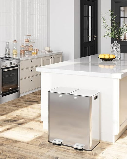Garvee Trash Can, 16 gal Dual Compartment Stainless Steel Kitchen Trash Can for Recycling, 8+8 gal Dual Compartment Recycling Kitchen Step Trash Bin, Soft-Close Lid, Inner Buckets, Side Handle