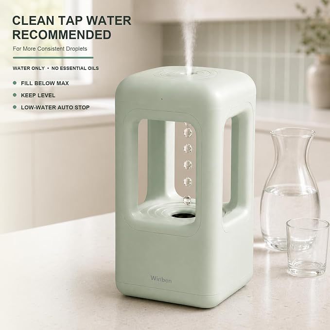 600mL Mini Cool Mist Humidifier with Anti-Gravity Water Drop Display for Desk, Home Office and Indoor Plants, Plug-In, Green