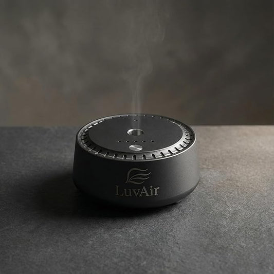 LuvAir Smart waterless car Aroma Diffuser Set, Adjustable Ultra Sonic-Mist Technology, Rechargeable, 100% Natural Fragrance, Aromatherapy Oil Scent Included (Metallic, Peach Lumiere)