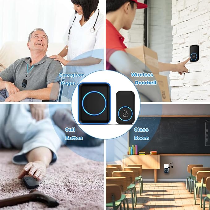 Caregiver Pager, FullHouse Wireless Call Button 1000+ Feet, SOS Alert Nurse Calling Elderly Fall Help System for Patient/Disabled Monitoring at Home, Waterproof (Black, 2 Button + 2 Receiver)