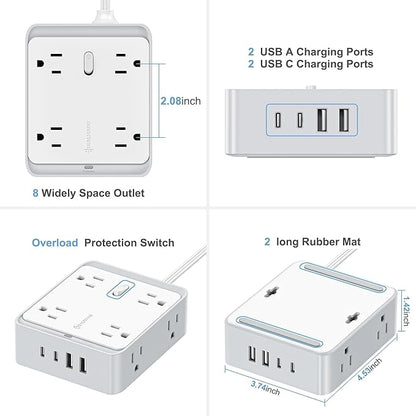 Flat Plug Extension Cord, 12-in-1 Extension Cord with USB Ports with 5Ft Extension Cord, Flat Outlet Extender with 8 AC Outlets 2 USB-A and 2 USB-C, Flat Wall for Desktop Home Office