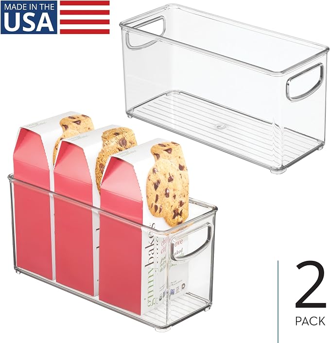 iDesign Plastic Stackable Pantry Bin, Set of 2, Clear | Storage Bin with Handles, For Cabinets or Fridge
