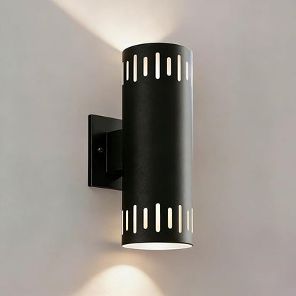 Modern Outdoor Wall Lights, 12'' Up and Down LED Cylinder Wall Mount Fixture, 23W 3000K Warm White IP65Waterproof Exterior Wall Sconces for Porch, House, Garage, Patio, Black