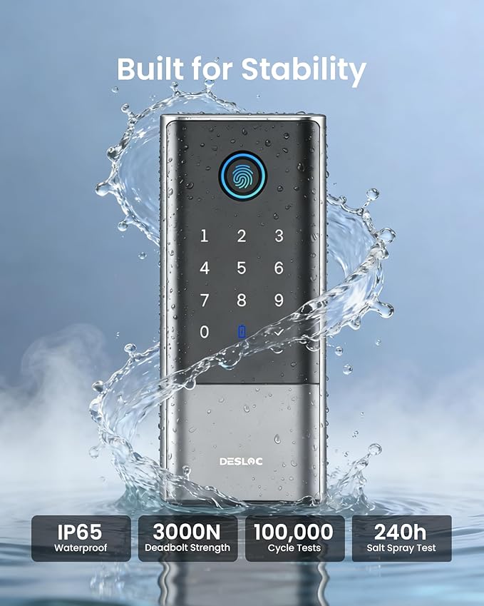 DESLOC Smart Lock K120 with GPT 3D Fingerprint, 15,000mAh Battery (Up to 16 Months), Keyless Entry Door Lock with Built-in WiFi, IP65 BHMA Grade 3 Deadbolt for Home, Rental & Airbnb, Silver