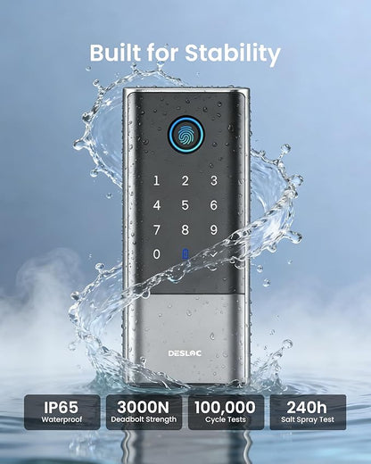 DESLOC Smart Lock K120 with GPT 3D Fingerprint, 15,000mAh Battery (Up to 16 Months), Keyless Entry Door Lock with Built-in WiFi, IP65 BHMA Grade 3 Deadbolt for Home, Rental & Airbnb, Silver