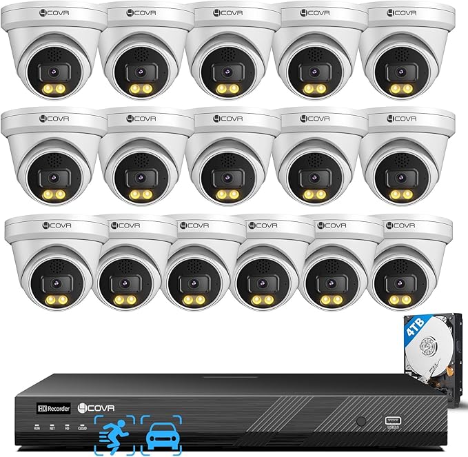 4COVR 12MP Security Camera System 16 channnel,16pcs 12MP PoE Dome Security Cameras Outdoor, Person/Vehicle Detection, 2 Way Audio, Smart Color Night Vision,16CH NVR 4TB HDD for Business,LY97KAAM1616