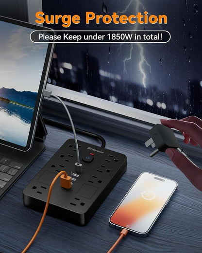 Surge Protector Power Strip - 8 Outlets(1850W/15A/14AWG) with 6 USB Ports（2 USB C, 10FT Flat Plug Extension Cord, Wall Mount Multi Plug Outlet Extender, ETL Listed for Home, Dorm Room, Black