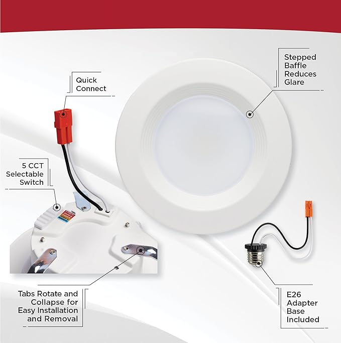 Satco LED Retrofit Downlight with Stepped Baffle, CCT Selectable 2700K/3000K/3500K/4000K/5000K, 4 Inch Round, White