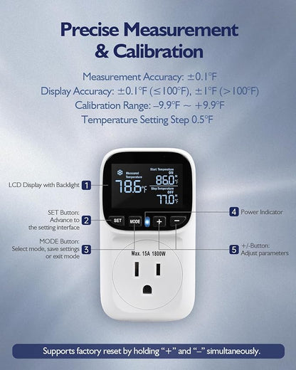 Digital Temperature Controller, Heating & Cooling Thermostat Plug Outlet, –40°F~210°F, 15A 1800W, LCD Display, Temperature Controlled Outlet for Home, Greenhouse, Chicken Coop, Reptile