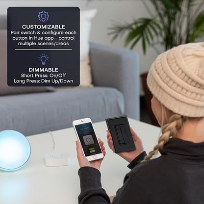 RunLessWire Click for Hue Battery-Free Wireless Smart Switch 2 Pack Black | Dimmable Kinetic Switch Pairs Natively to Philips Hue Bridge, 4 Programmable Buttons to Control Scenes & Areas, 100ft Range