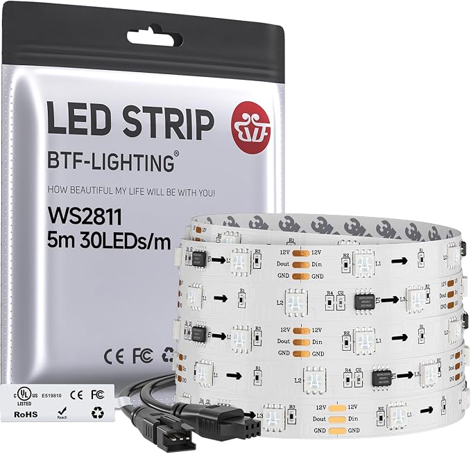 BTF-LIGHTING WS2811 Addressable RGB LED Strip 16.4FT 150LED DC12V IP30 | 50Pixels IC=RGB+IC UL Listed White PCB Flexible Chasing Effect for Indoor Home Decor,3M Tape(No Adapter or Controller)