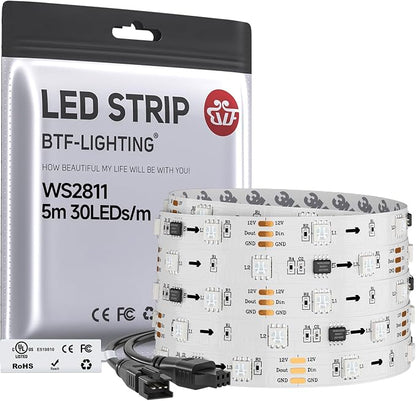 BTF-LIGHTING WS2811 Addressable RGB LED Strip 16.4FT 150LED DC12V IP30 | 50Pixels IC=RGB+IC UL Listed White PCB Flexible Chasing Effect for Indoor Home Decor,3M Tape(No Adapter or Controller)
