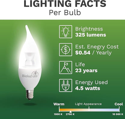 Bioluz LED Light Bulb 40W Candelabra LED Bulbs w/Flame Tip, Dimmable12 Base Candle Light Bulbs 2700K Warm White LED Light Bulb for Indoor/Outdoor Use FCC and UL Listed 12 Pack