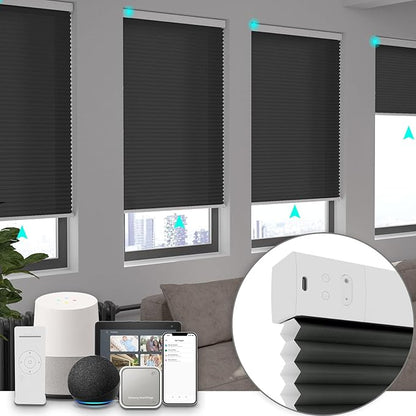 Changshade Motorized Cellular Shades Remote Control Light Filtering for Indoor Windows, Custom Size Smart Honeycomb Blinds Electric Automatic Solar Panel Compatible with Alexa, Google Home, Black