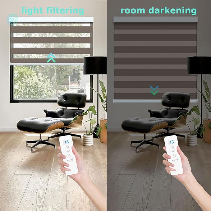 MING CHEN Motorized Blinds with Remote, Built-in Rechargeable Motor Smart Automatic Window Shades, Custom Size Electric Zebra Blinds Compatible with Alexa Google (70% Shading Brown)