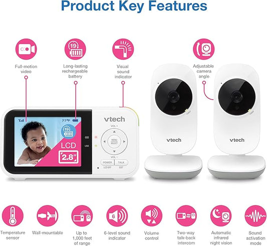 VTech VM819-2 Non-WiFi Video Baby Monitor with 2 Cameras, 1000ft Range, 19-Hour Battery – Night Vision, Temperature Sensor, Lullabies, 2-Way Audio, Secure FHSS Transmission