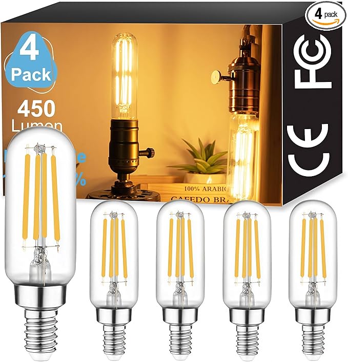 Vinaco 3.39 Inch E12 T6 LED Bulb Dimmable, 4 Pack T6 Candelabra Bulb LED 4W Equal. 40W Warm White 2700K, Clear Glass T6 Tubular LED Edison Bulb for Chandelier, Ceiling Fan, Pendant, Wall sconces