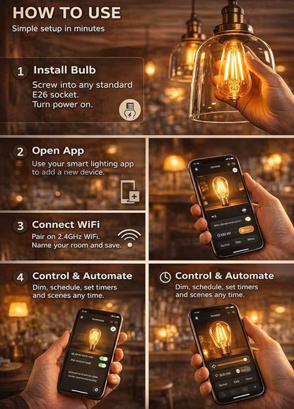 Smart Light Bulb Smart Bulbs LED WiFi Dimmable Vintage Smart Bulb ST19 Vintage Filament Smart Bulb E26 Base Soft Warm Amber No Hub Required