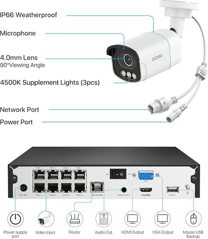 ZOSI 4K PoE Security Camera System, 8CH 8MP Home NVR, 8 x C186 Aurora Lux 4K Surveillance Cameras Indoor Outdoor, True Full Color Night Vision, Person/Vehicle Detection, 2-Way Audio, No HDD Included