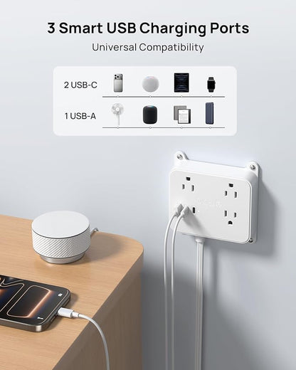 TROND 3FT Short Extension Cord, Ultra Thin Flat Plug Power Strip with 2 USB C, 3 AC Widely Spaced Outlets, Wall Mount Power Cord for Furniture, Screw on Wall Outlet Behind TV, Couch, Cabinet