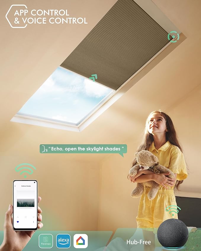 Yoolax Motorized Cellular Shades, Smart Skylight Shades Compatible with Alexa Google, Automatic Cordless Honeycomb Blinds with Remote for Roof Inclined Plane Room (Blackout Coffee)
