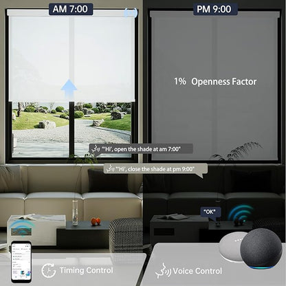 Motorized Solar Shades, Light Filtering Smart Blinds for Windows Automatic Blinds Compatible with Alexa, Falme Resistant Roller Shades Customized for Office Living Room (1% Openness White)
