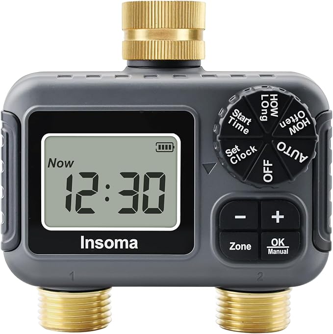 Insoma Water Timer 2 Zone, Programmable Irrigation Sprinkler Timer for Garden Hose, Outdoor Hose Faucet Timers with Rain Delay/Manual/Auto Modes, IPX5 Waterproof for Drip System & Lawn